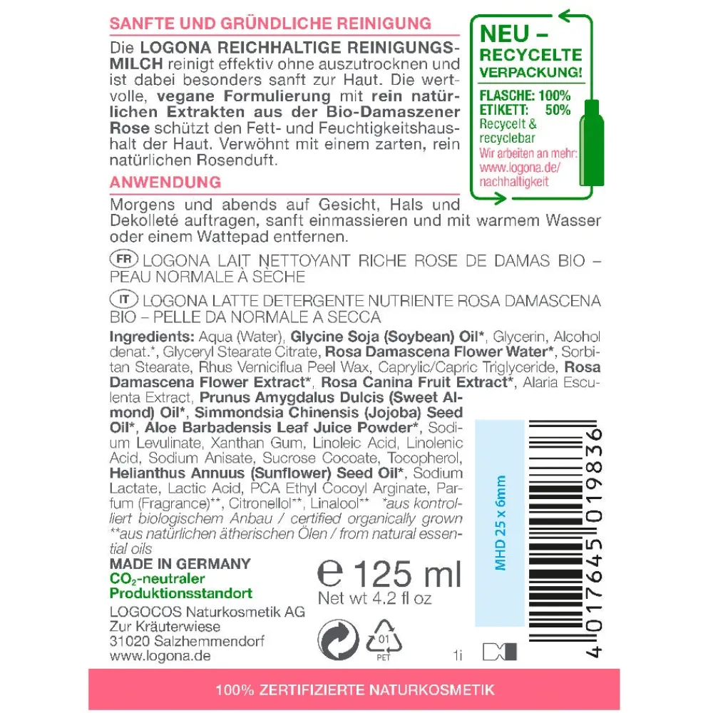 Reichhaltige Reinigungsmilch Bio-Damaszener Rose 125 ml-LOGONA New